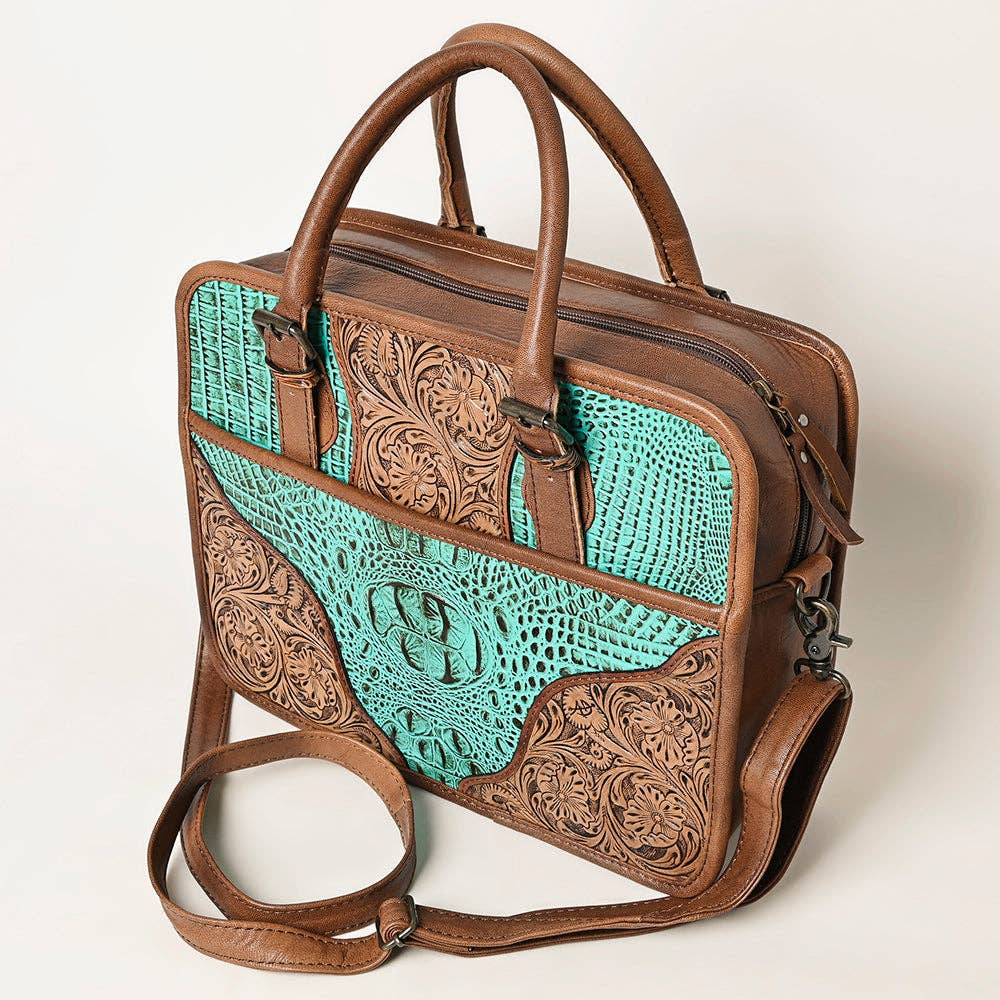 ADBG1183 Western Hand-Tooled Leather Tote Bag - Croc-Embossed & Floral Inlay by American Darling
