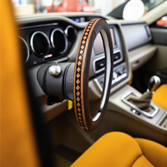 15” brown checker tooled leather steering wheel cover
