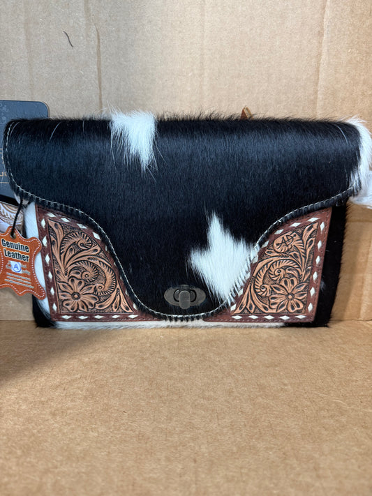 ADBG1497 Hair-On Cowhide & Tooled Leather Crossbody Clutch - Western Turn-Lock Flap