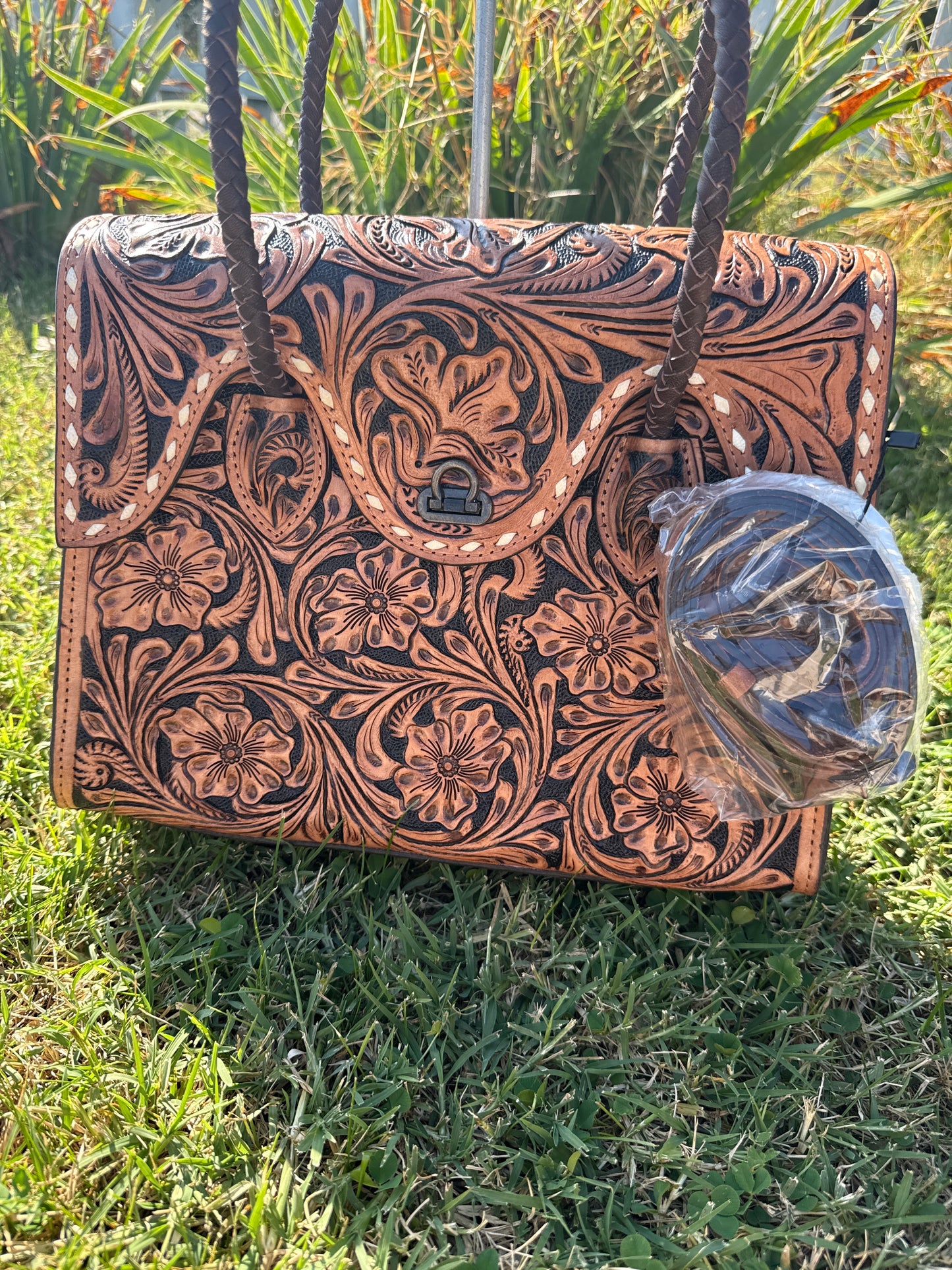 Tooled leather tote  purse