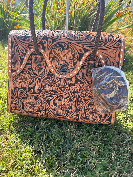 Tooled leather tote  purse