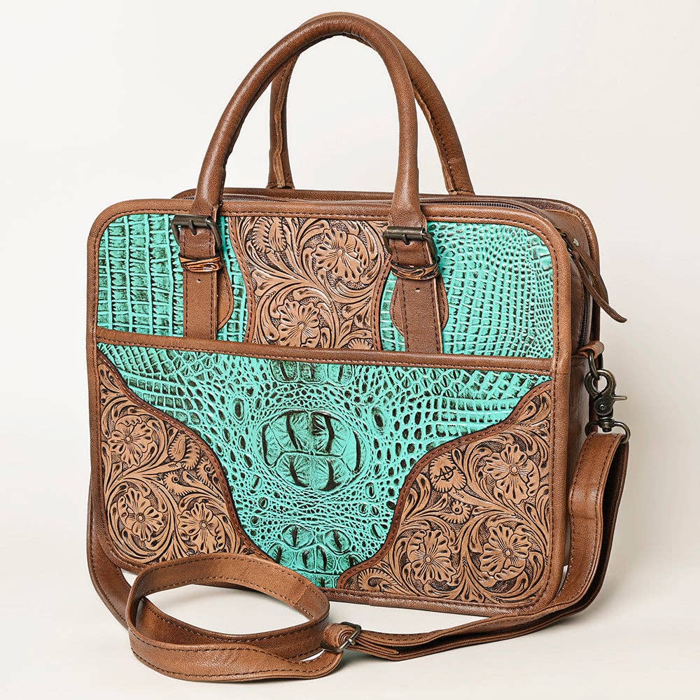 ADBG1183 Western Hand-Tooled Leather Tote Bag - Croc-Embossed & Floral Inlay by American Darling