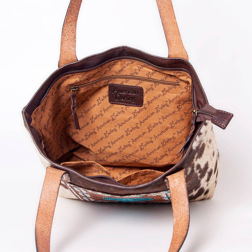 LC-ADBGZ694 Genuine Cowhide Leather Tote Bag with Hand-Tooled Floral Patch - Western Shoulder Bag