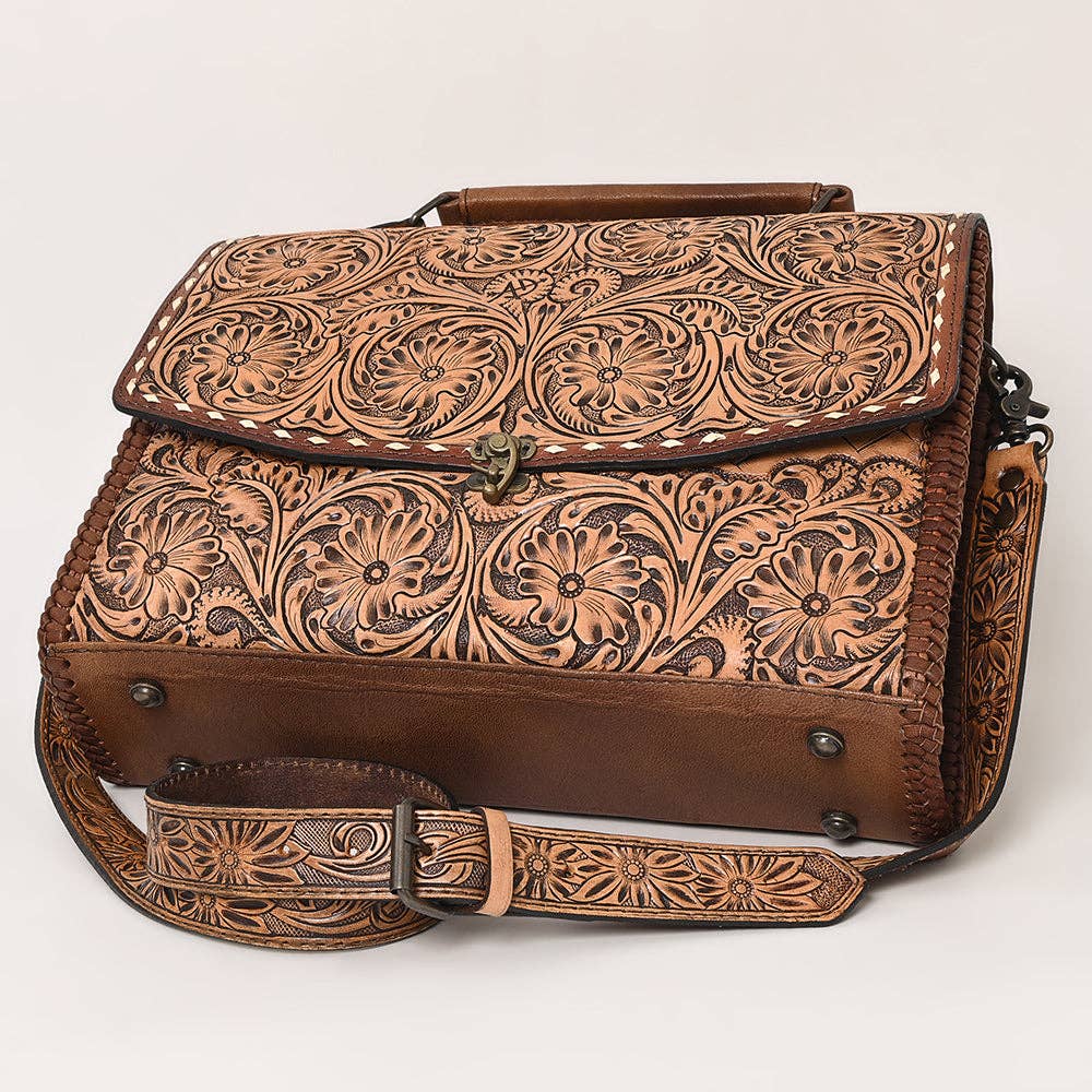 ADBG1210 Briefcase Genuine Western Leather with Floral Hand Tooled Women Bag
