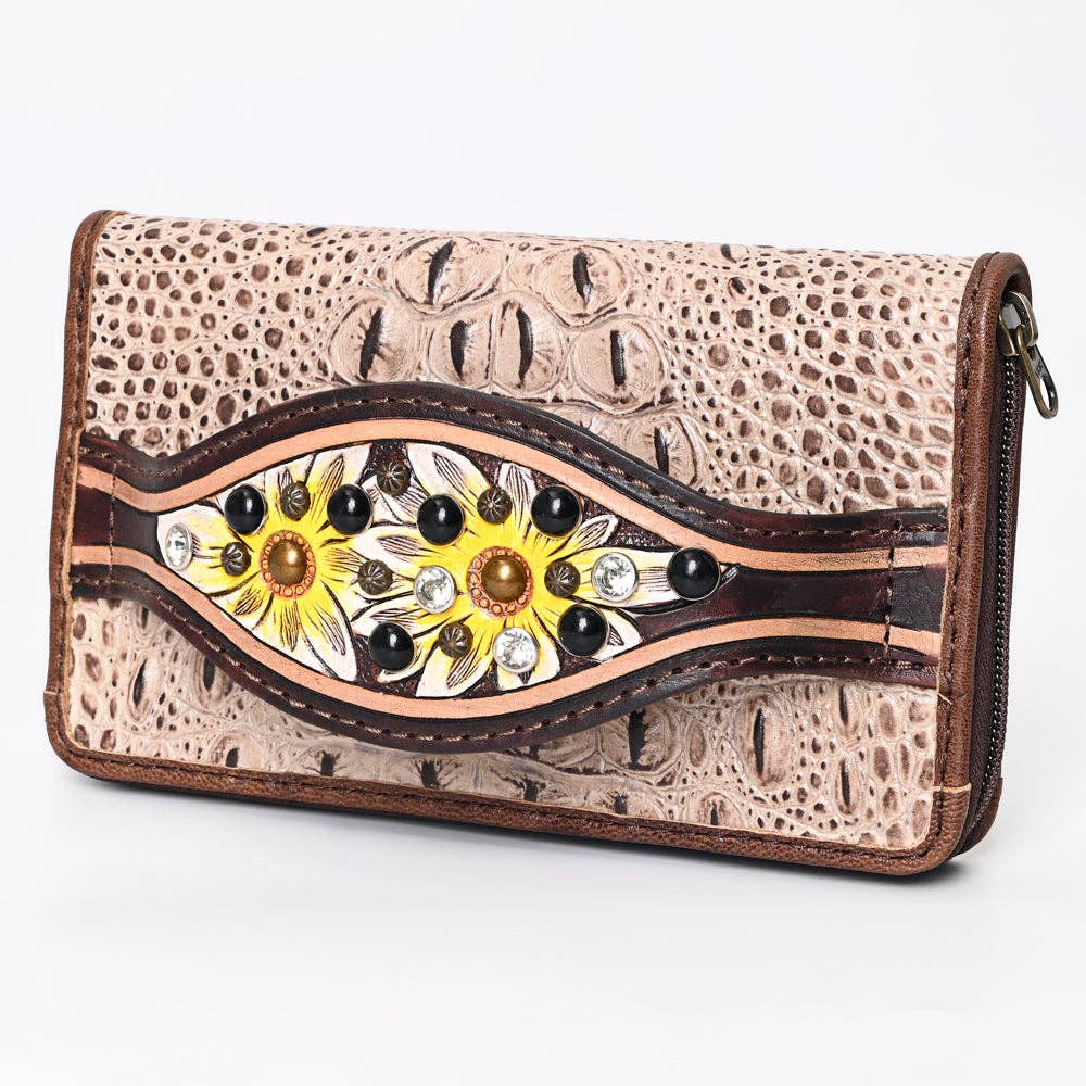ADBG1195 Floral Studded Leather Organiser - Croc-Embossed Western Design with Crystal & Gem Accents