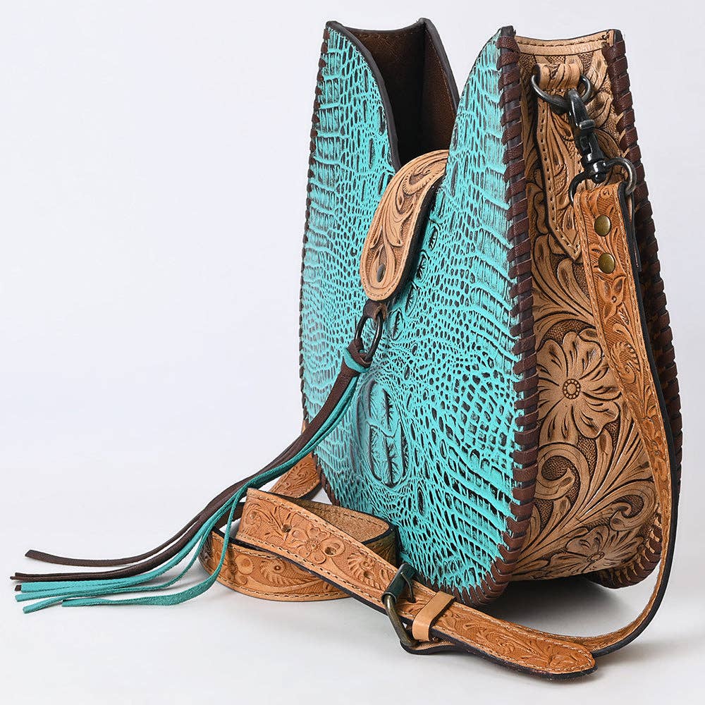 ADBG1039 Turquoise Croc Embossed Tooled Leather Hobo Bag-Western Crossbody