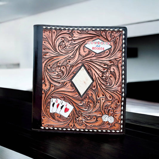 Vegas tooled leather & cowhide folder