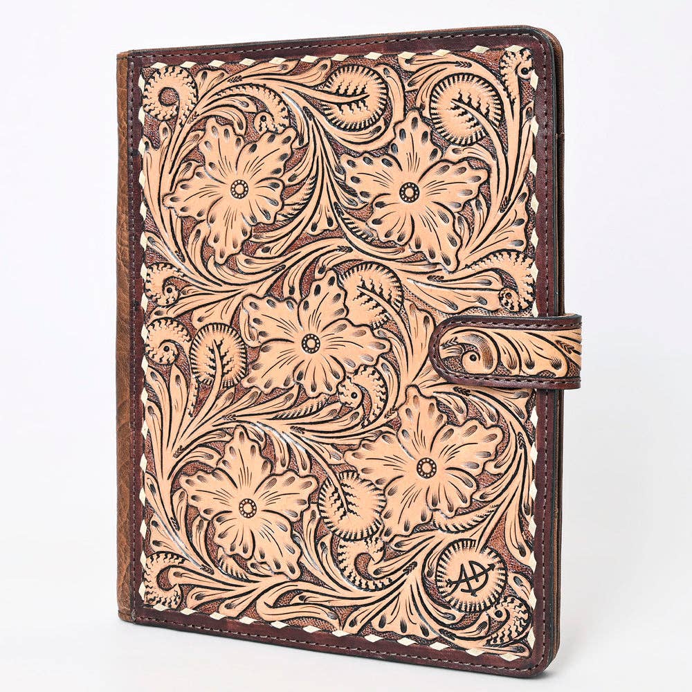 ADBG1170 Hand-Tooled Leather Folio Cover - American Darling Western Floral Organizer with Snap Closure