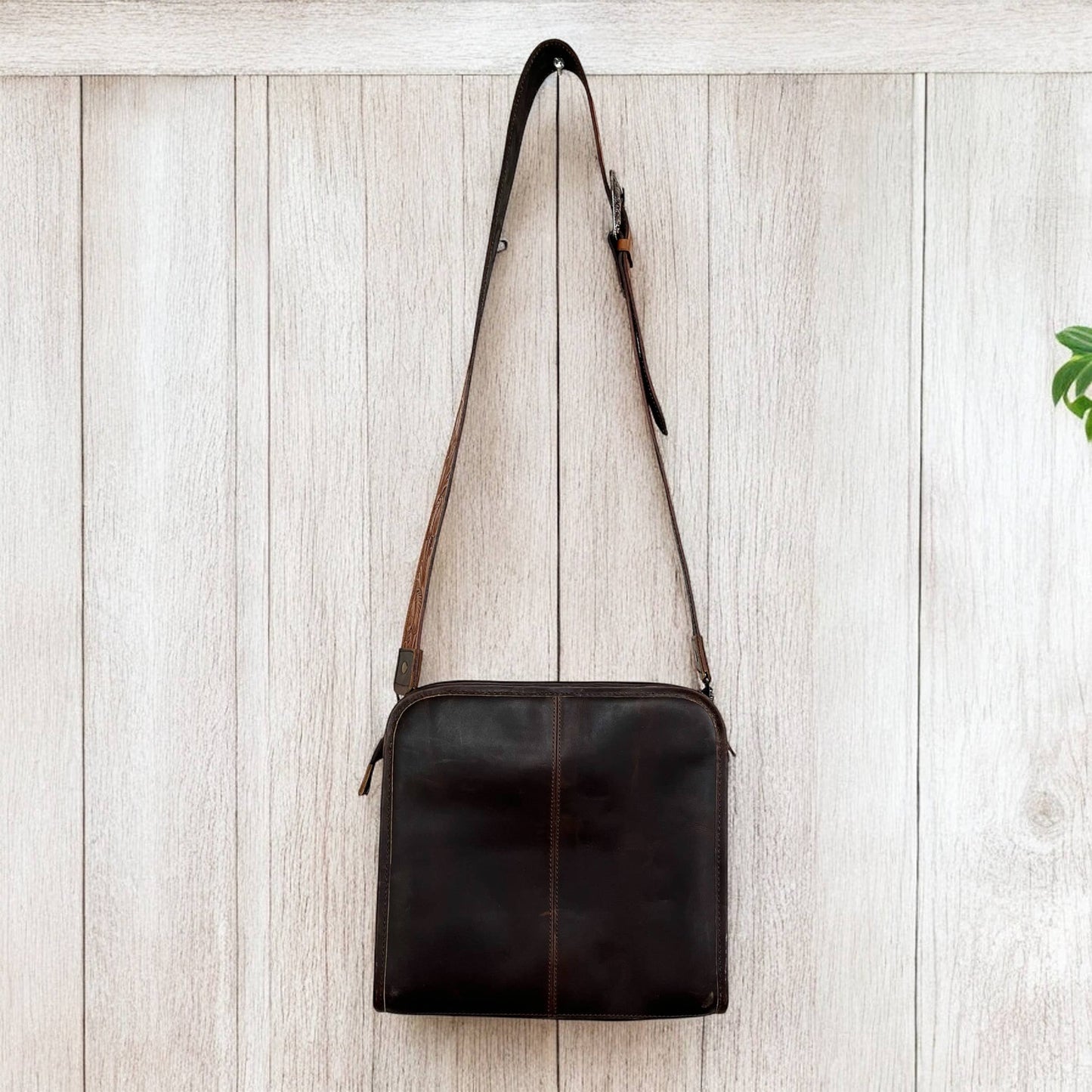 Aztec tooled leather fringe crossbody bag