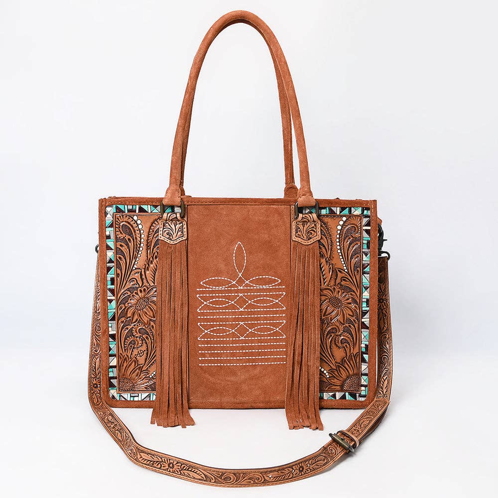 ADBG1649 Tan Suede Western Tote Bag with Tooled Leather, Turquoise Inlay & Fringe Accents