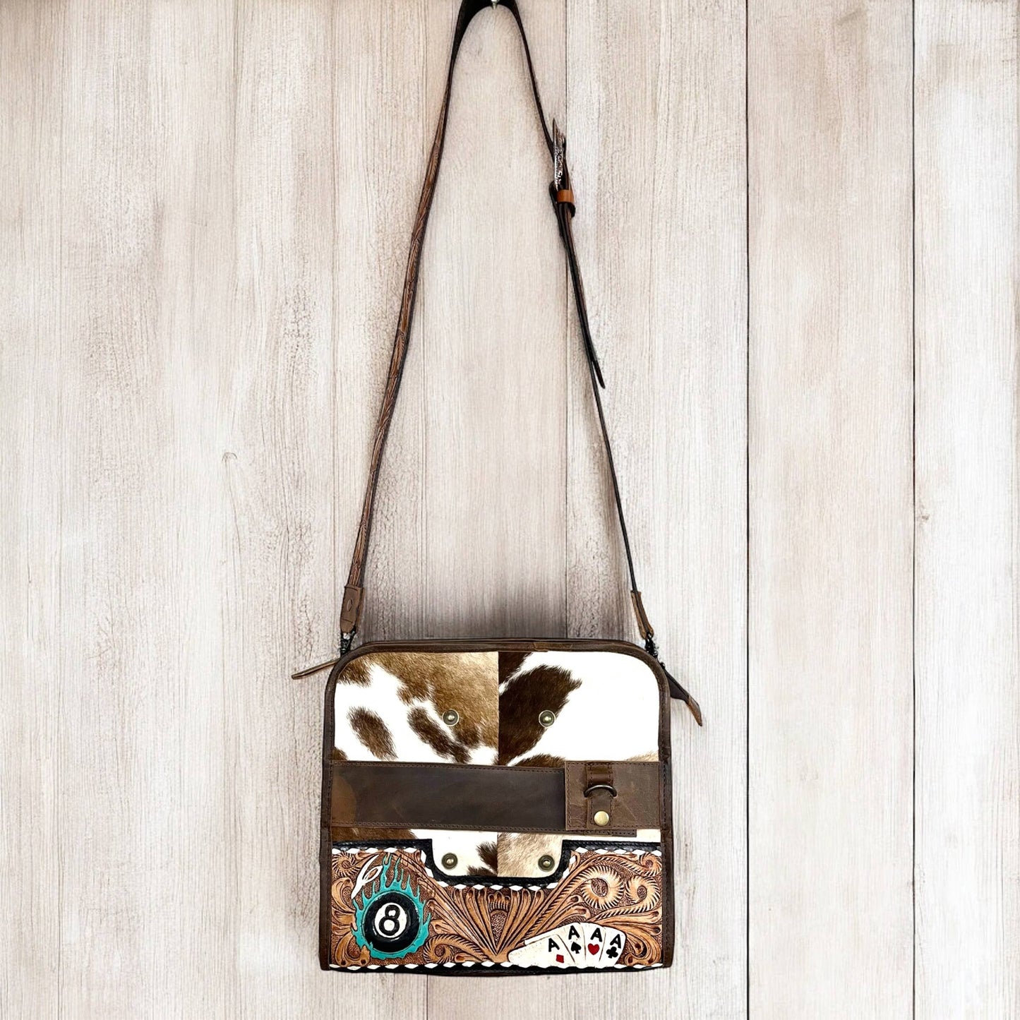Poker tooled leather & cowhide crossbody bag