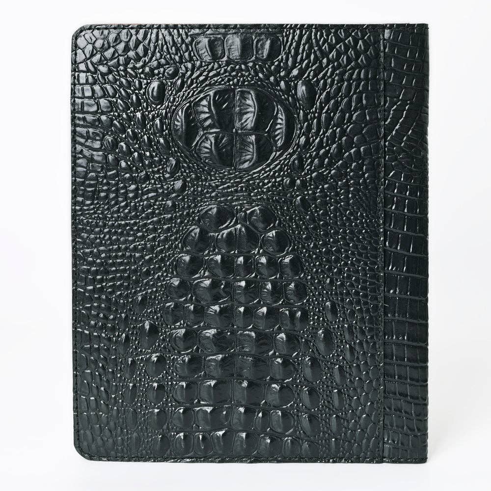 ADBG1040P Black Crocodile Embossed Leather Portfolio Cover w/ Hand-Tooled Floral Corner Patch (Pre-Order)