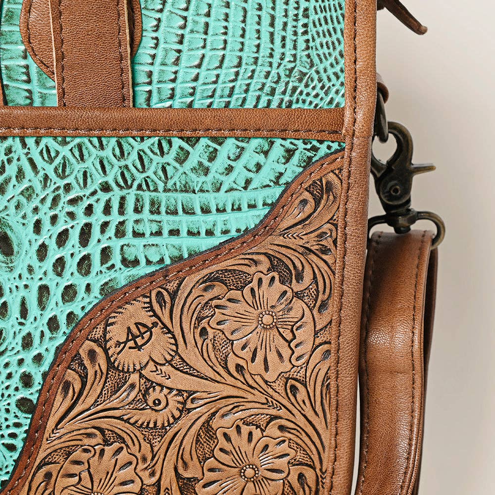 ADBG1183 Western Hand-Tooled Leather Tote Bag - Croc-Embossed & Floral Inlay by American Darling