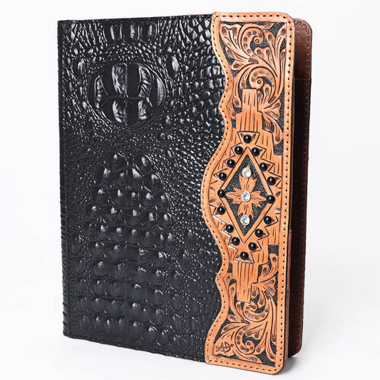 ADBG1040J Western Crocodile Embossed Leather Portfolio with Hand Tooled floral carvings and Diamond Accents-Eleanor Collection