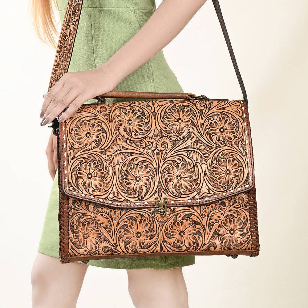 ADBG1210 Briefcase Genuine Western Leather with Floral Hand Tooled Women Bag