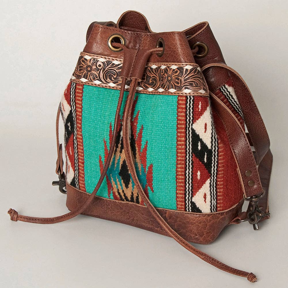 LC-ADBG862 Hand-Tooled Western Leather Bucket Bag with Wool Blanket Weave American Darling Drawstring Purse