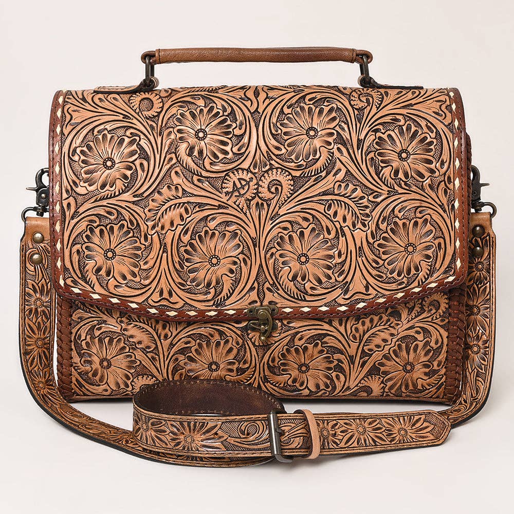 ADBG1210 Briefcase Genuine Western Leather with Floral Hand Tooled Women Bag