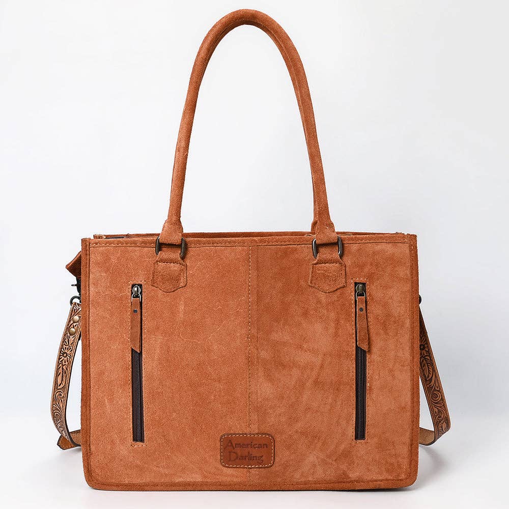 ADBG1649 Tan Suede Western Tote Bag with Tooled Leather, Turquoise Inlay & Fringe Accents