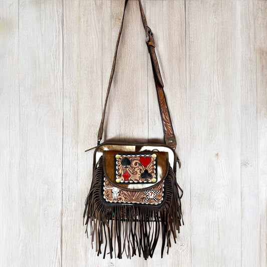 Poker tooled leather & cowhide crossbody bag