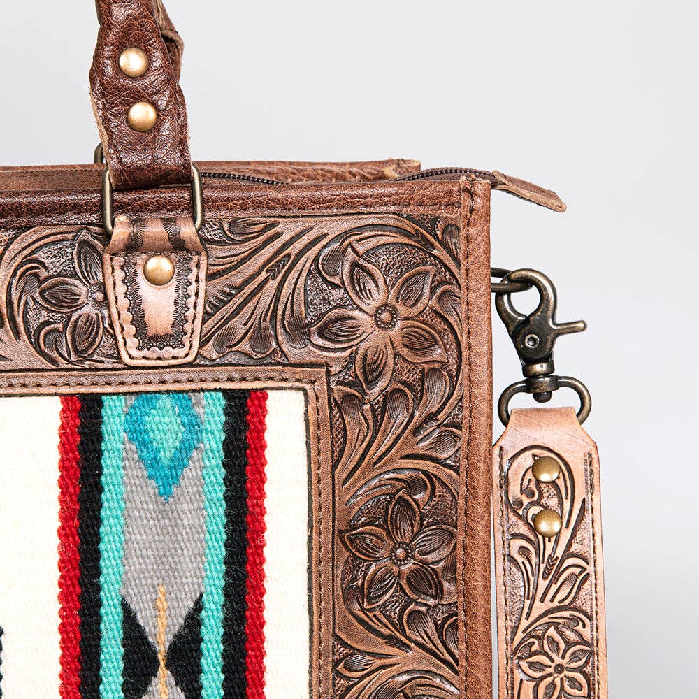 ADBG583 Hand-Tooled Leather Satchel with Southwestern Wool Inlay Brown Floral Western Tote Bag