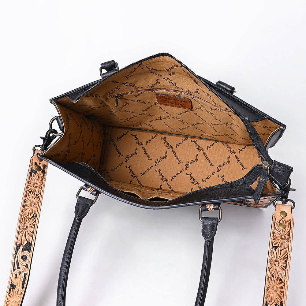 ADBG1605 Black Leather Tote Bag with Floral Tooled Border & Croc-Embossed Center
