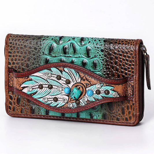 ADBG1195 Floral Studded Leather Organiser - Croc-Embossed Western Design with Crystal & Gem Accents