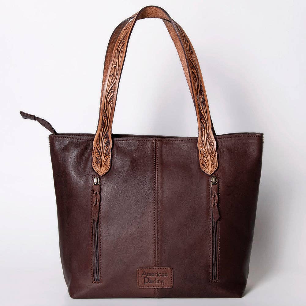 LC-ADBGZ694 Genuine Cowhide Leather Tote Bag with Hand-Tooled Floral Patch - Western Shoulder Bag