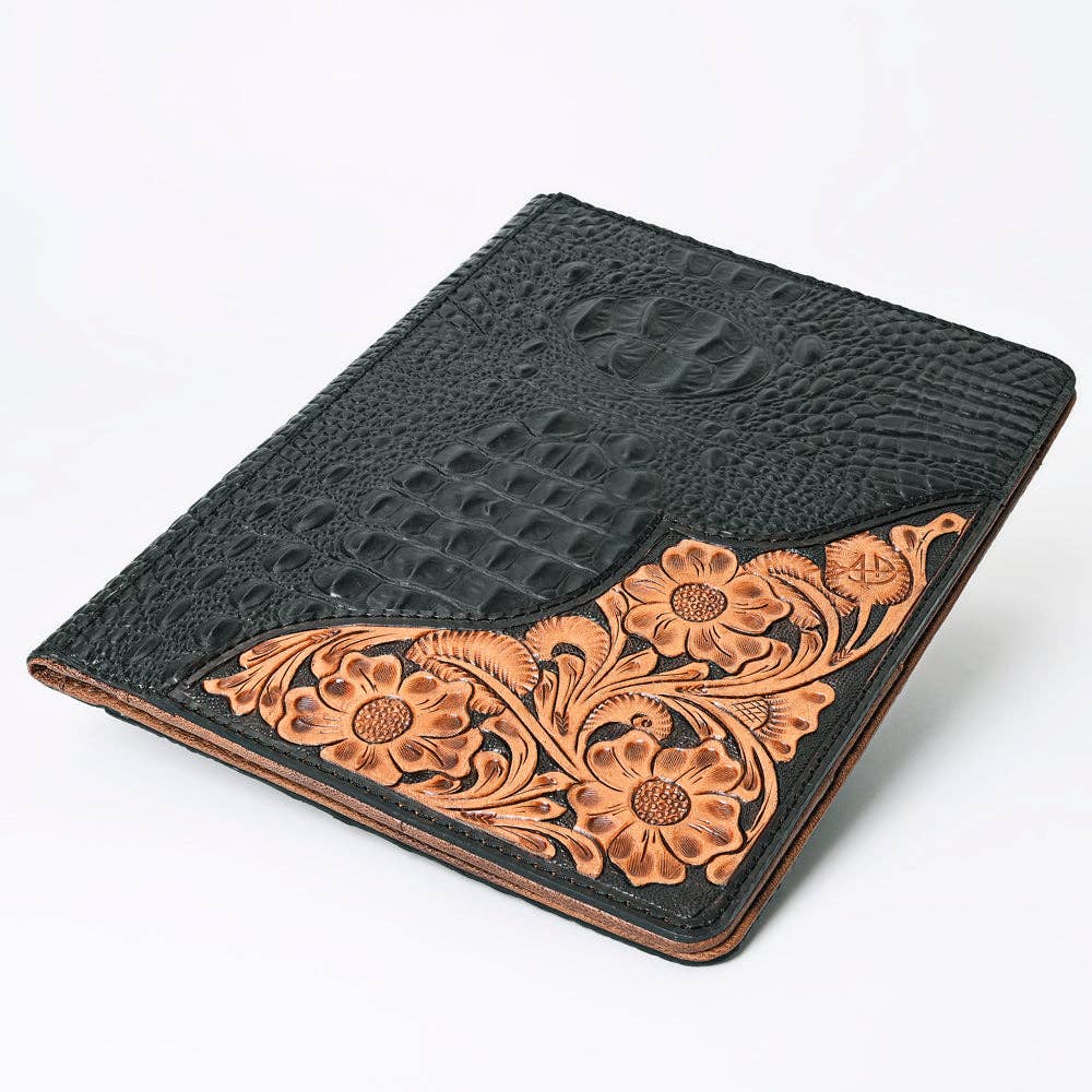 ADBG1040P Black Crocodile Embossed Leather Portfolio Cover w/ Hand-Tooled Floral Corner Patch (Pre-Order)