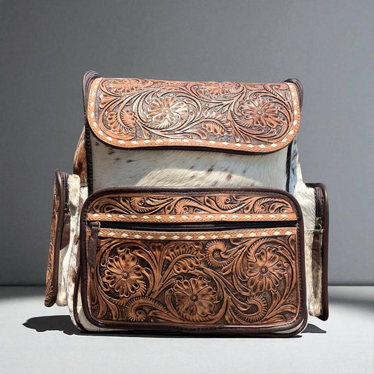 Brown tooled leather & cowhide backpack