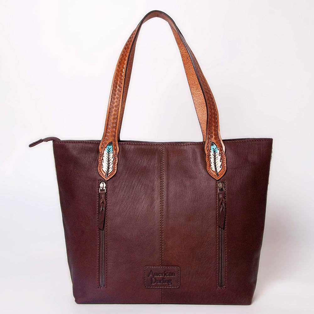 LC-ADBGZ694 Genuine Cowhide Leather Tote Bag with Hand-Tooled Floral Patch - Western Shoulder Bag