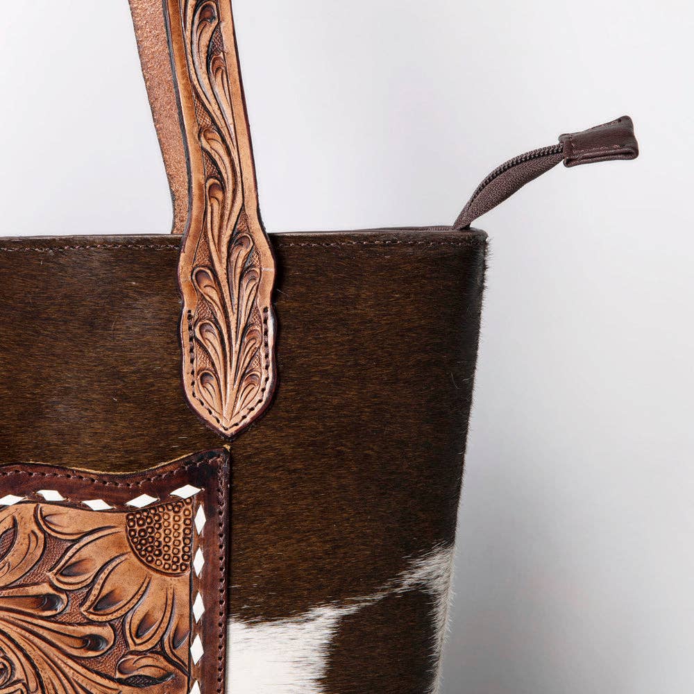 LC-ADBGZ694 Genuine Cowhide Leather Tote Bag with Hand-Tooled Floral Patch - Western Shoulder Bag