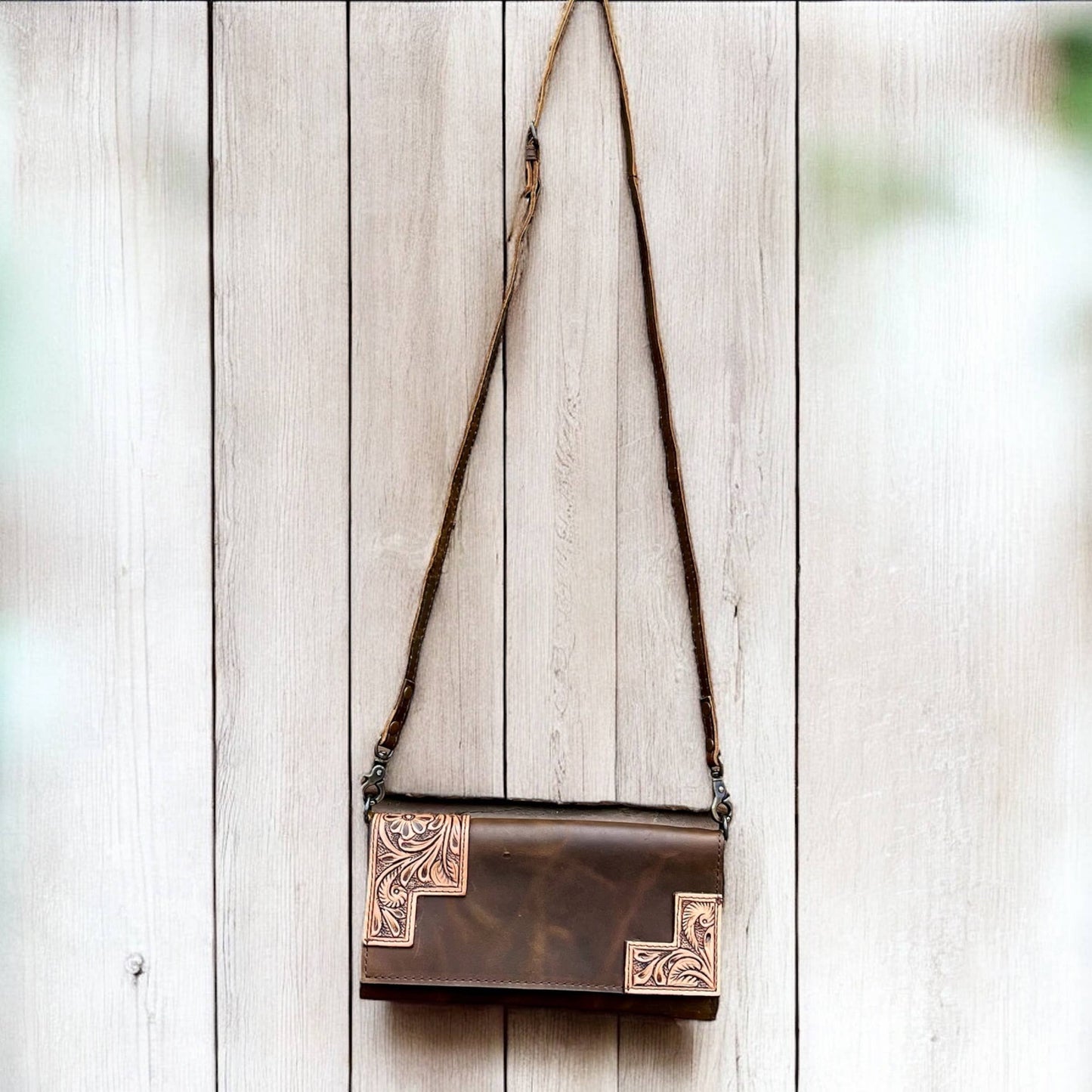 Linda tooled leather crossbody wallet