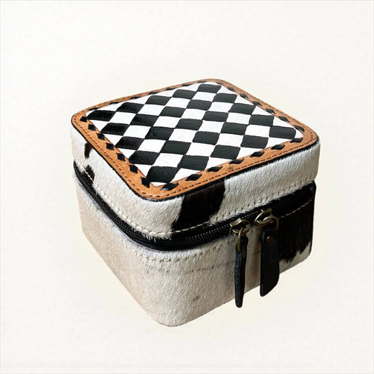 Checker tooled & cowhide jewelry box 