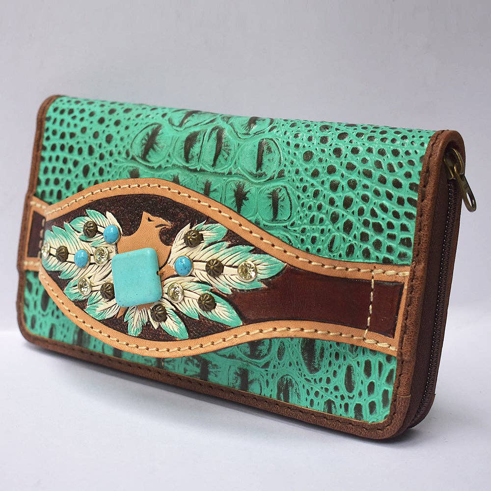 ADBG1195 Floral Studded Leather Organiser - Croc-Embossed Western Design with Crystal & Gem Accents