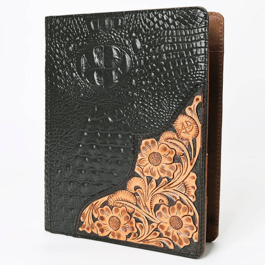 ADBG1040P Black Crocodile Embossed Leather Portfolio Cover w/ Hand-Tooled Floral Corner Patch (Pre-Order)