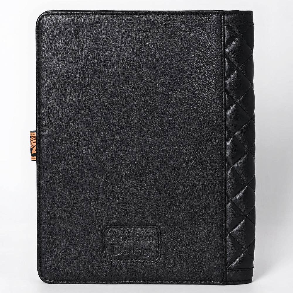 ADBG1676 Black Quilted Leather Portfolio with Tooled Floral Edge - American Darling