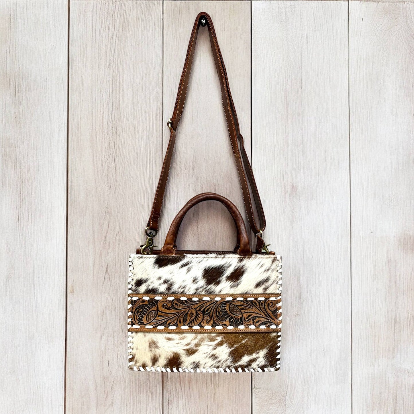 Blossom tooled & cowhide tote bag 