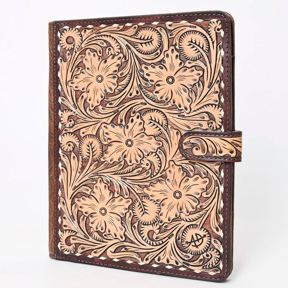 ADBG1170 Hand-Tooled Leather Folio Cover - American Darling Western Floral Organizer with Snap Closure