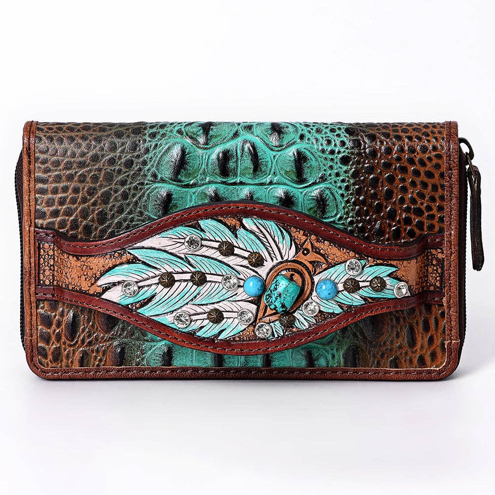 ADBG1195 Floral Studded Leather Organiser - Croc-Embossed Western Design with Crystal & Gem Accents