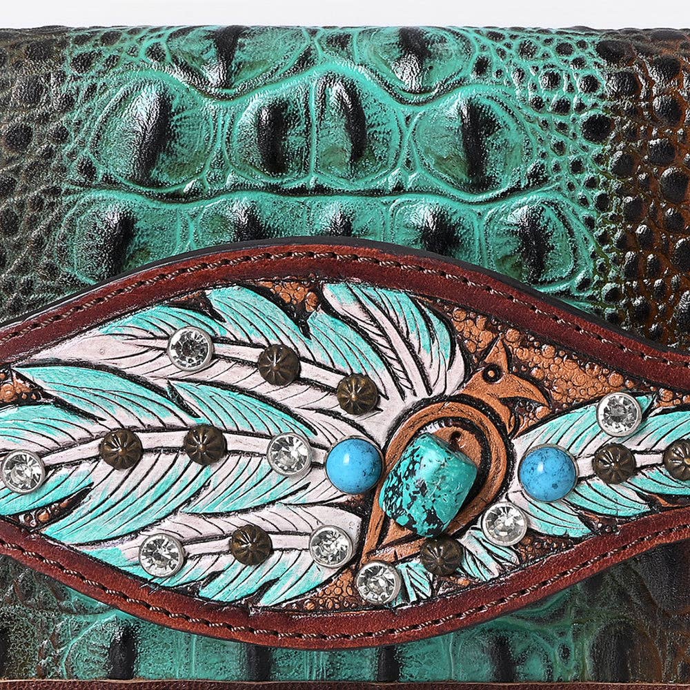 ADBG1195 Floral Studded Leather Organiser - Croc-Embossed Western Design with Crystal & Gem Accents