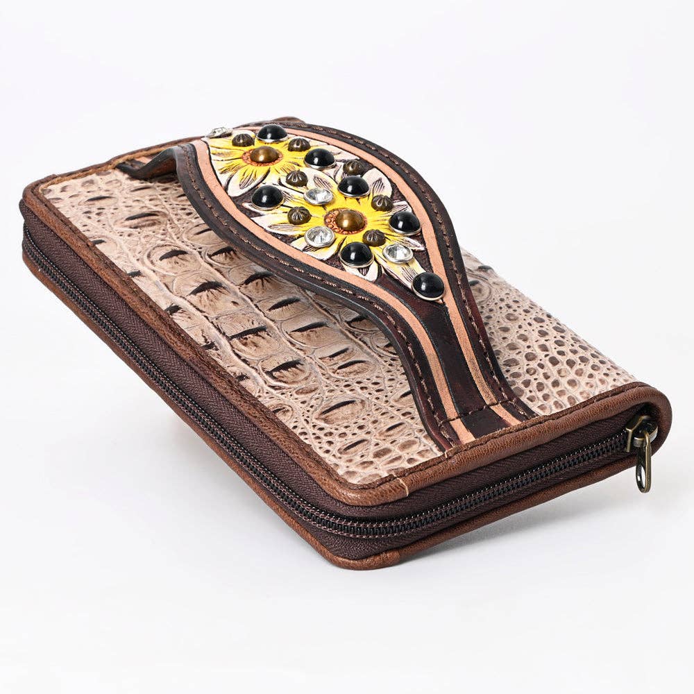 ADBG1195 Floral Studded Leather Organiser - Croc-Embossed Western Design with Crystal & Gem Accents