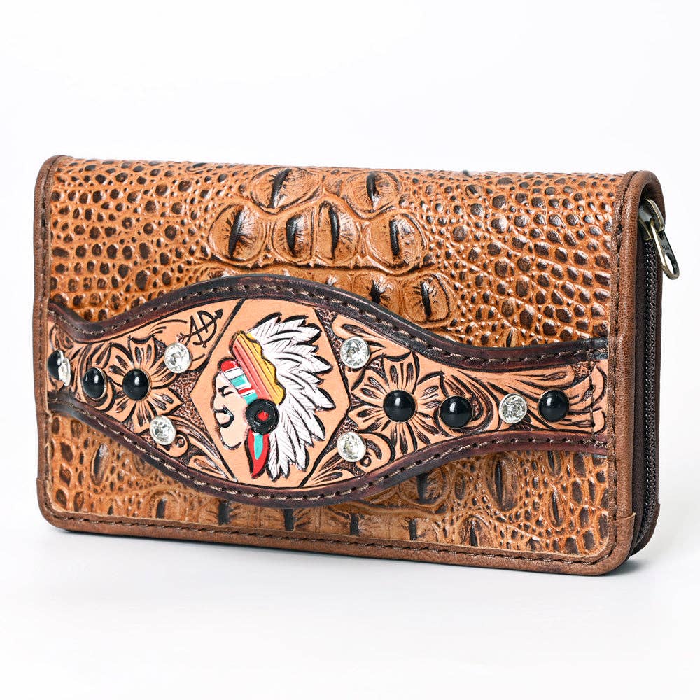 ADBG1195 Floral Studded Leather Organiser - Croc-Embossed Western Design with Crystal & Gem Accents