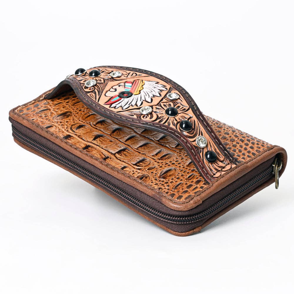 ADBG1195 Floral Studded Leather Organiser - Croc-Embossed Western Design with Crystal & Gem Accents