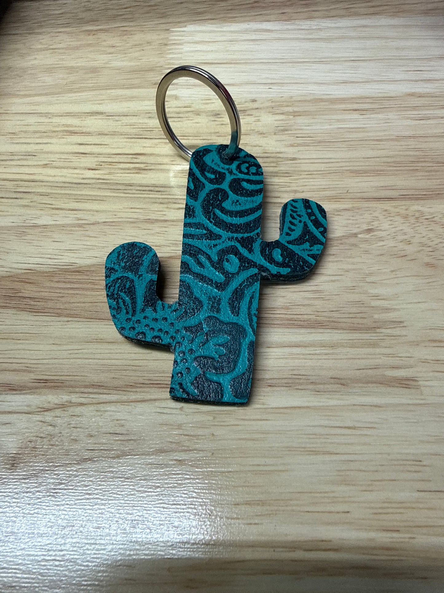 Cactus Embossed Turquoise Leather Keychain