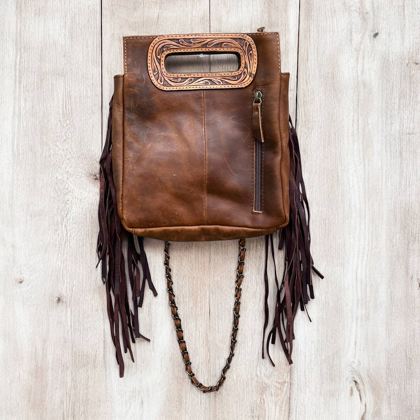 Cowgirl tooled leather & cowhide fringe crossbody bag 