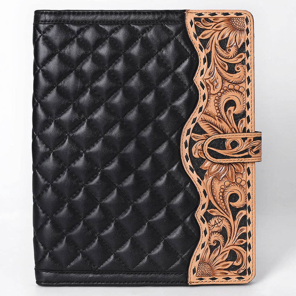 ADBG1676 Black Quilted Leather Portfolio with Tooled Floral Edge - American Darling