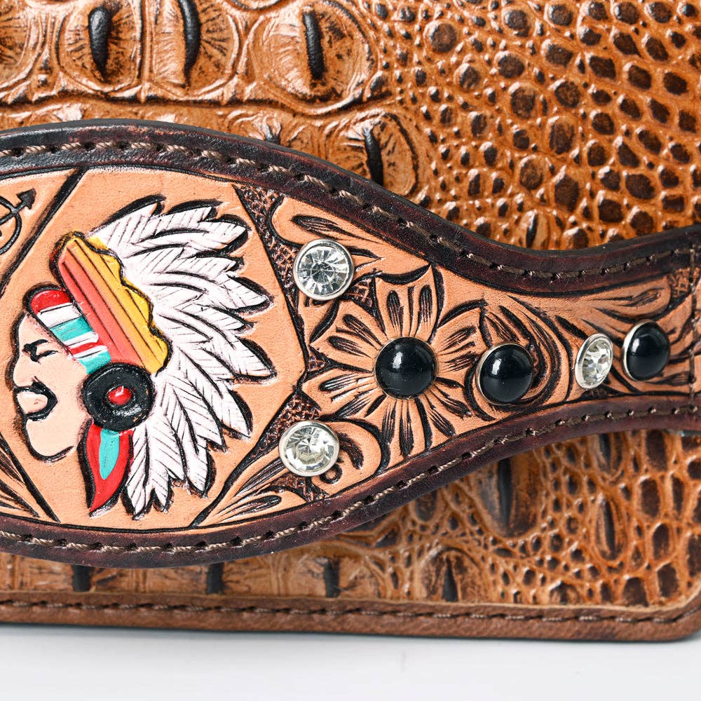 ADBG1195 Floral Studded Leather Organiser - Croc-Embossed Western Design with Crystal & Gem Accents