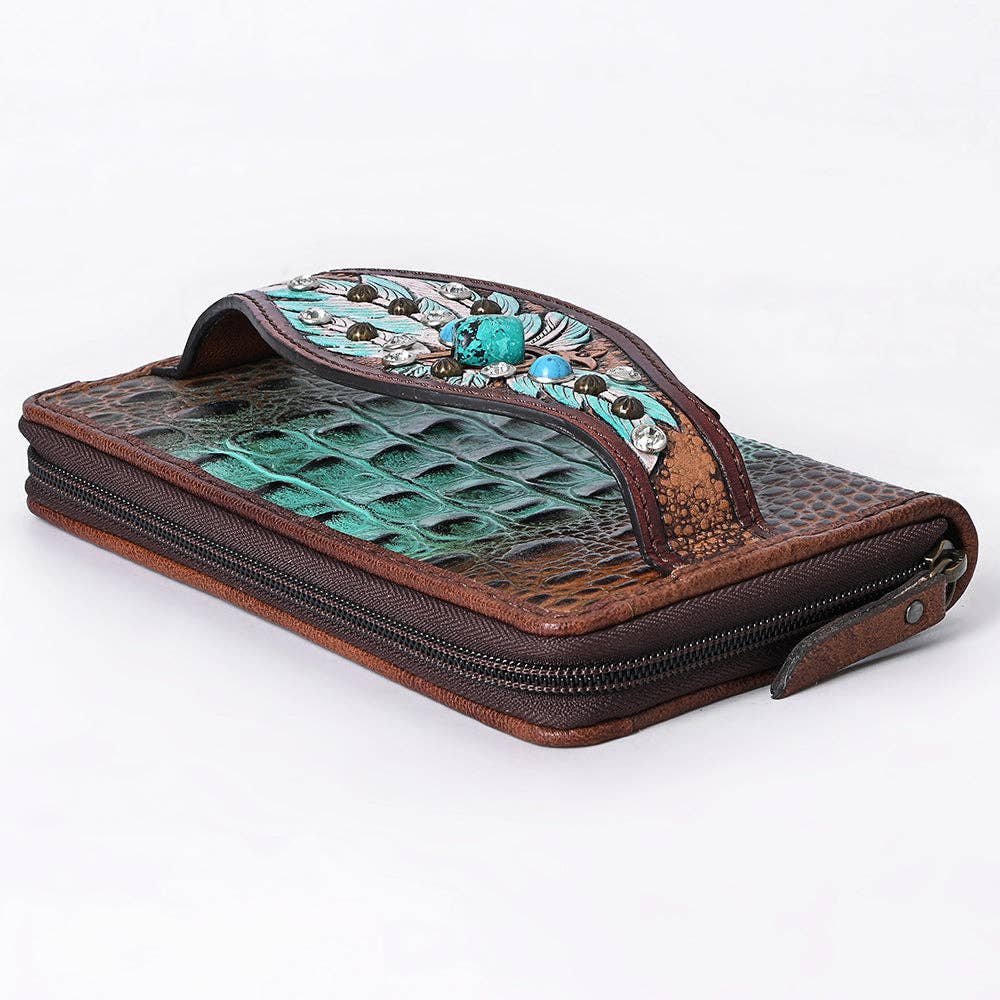 ADBG1195 Floral Studded Leather Organiser - Croc-Embossed Western Design with Crystal & Gem Accents