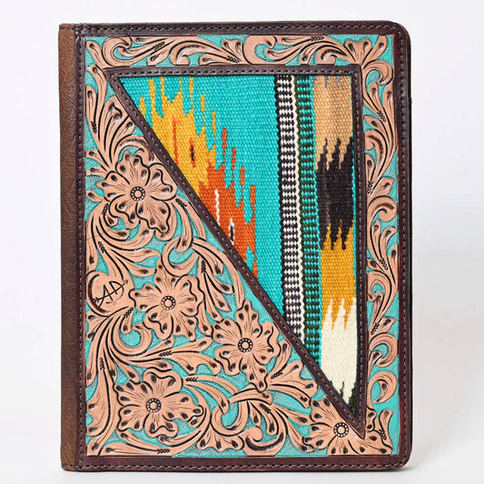 ADBG1160 Western Portfolio Bag â€“ Floral Hand Tooled Carving with Turquoise Saddle Blanket Accents Women Bag
