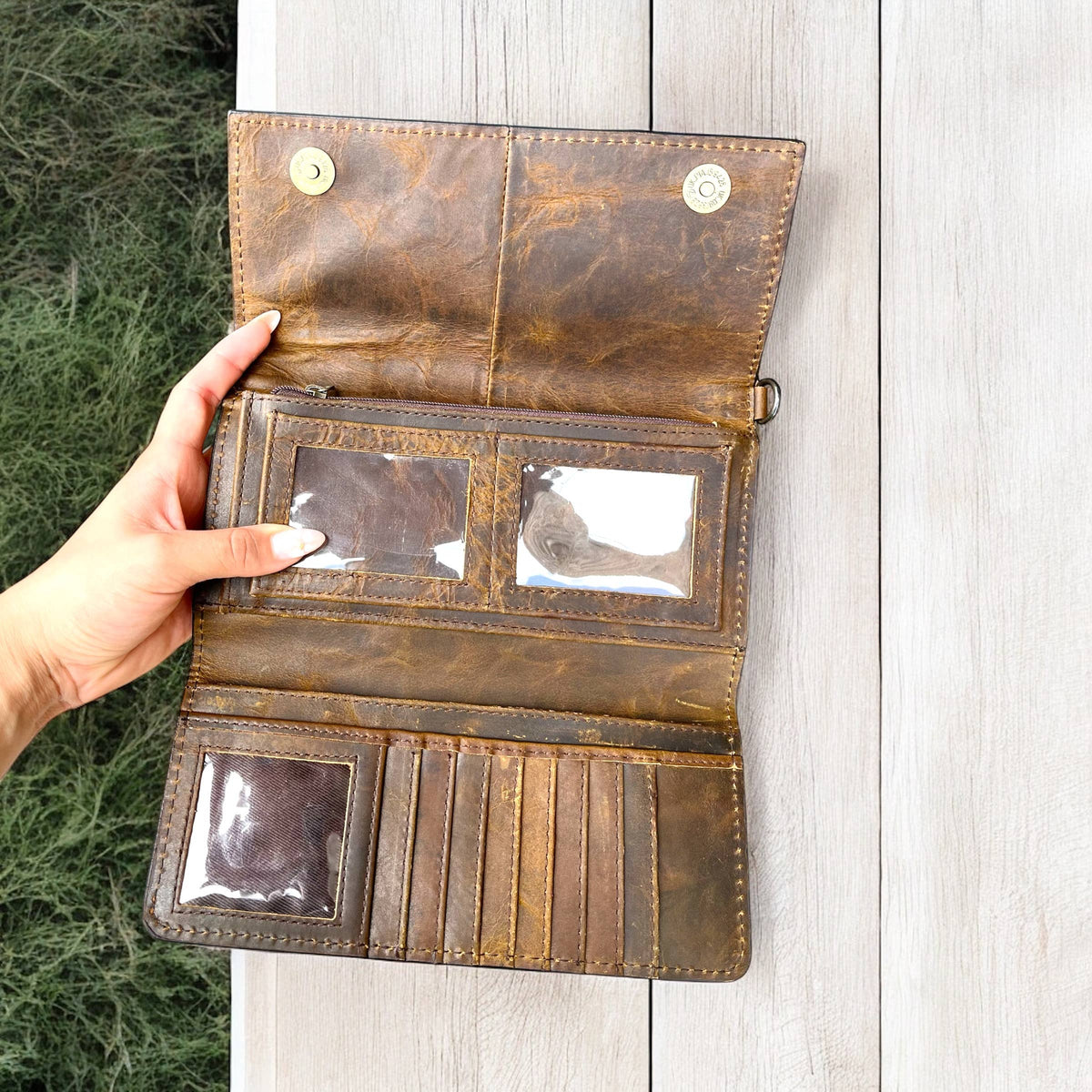 Cowhide & tooled leather crossbody wallet 